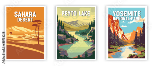Sahara Desert, Peyto Lake, Yosemite National Park Illustration Art. Travel Poster Wall Art. Minimalist Vector art. photo