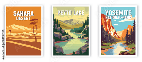 Sahara Desert, Peyto Lake, Yosemite National Park Illustration Art. Travel Poster Wall Art. Minimalist Vector art.