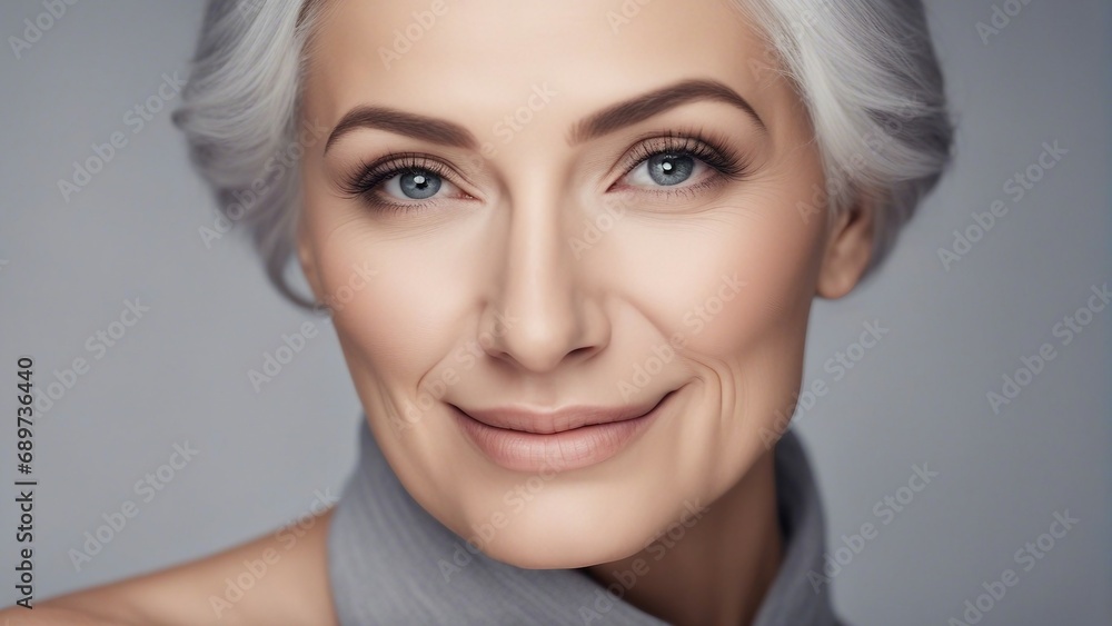 Adult woman with smooth healthy face skin. Beautiful aging mature woman with gray hair. Adult woman with smooth healthy face skin. Beautiful aging mature woman with gray hair.
