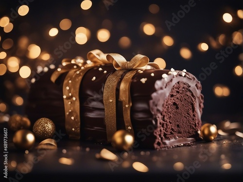 Yule Log cake, white stone background with lights and decorative 