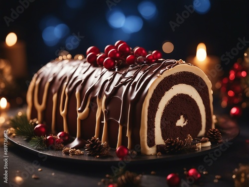 Yule Log cake, white stone background with lights and decorative 