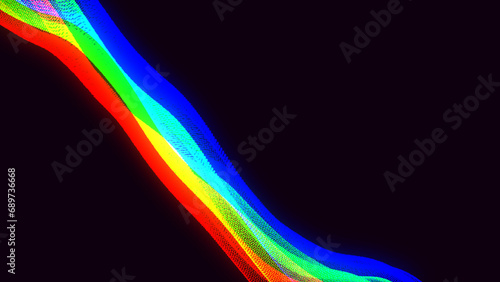 On a black background, a halftone gradient curve shape with flowing dots and particles forms a wave pattern.