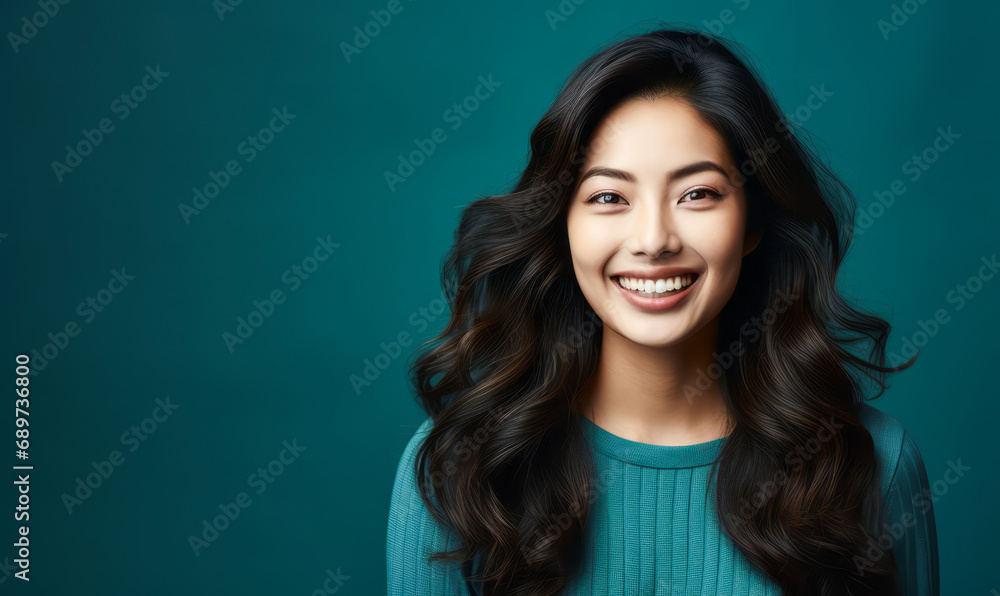 Radiant Asian woman with long black hair and a sincere smile wearing a teal sweater against a matching blue-gray background Radiant Asian woman with long black hair and a sincere smile wearing a teal sweater against a matching blue-gray background