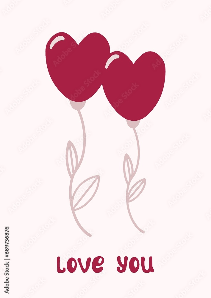 Happy Valentine's Day greeting card, romantic poster with hearts, balloons and lettering love you. Love, poster.