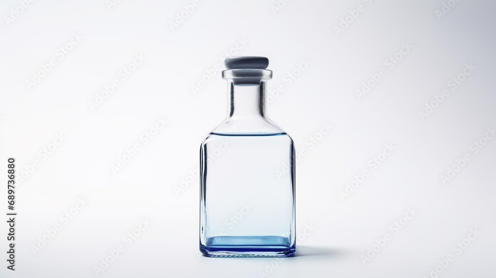 A glass bottle with a liquid inside on a white background A glass bottle with a liquid inside on a white background