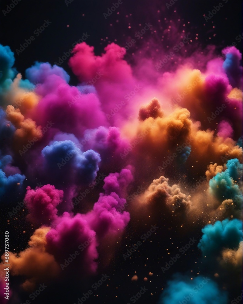 Colorful dust explosion in black background, close up view

