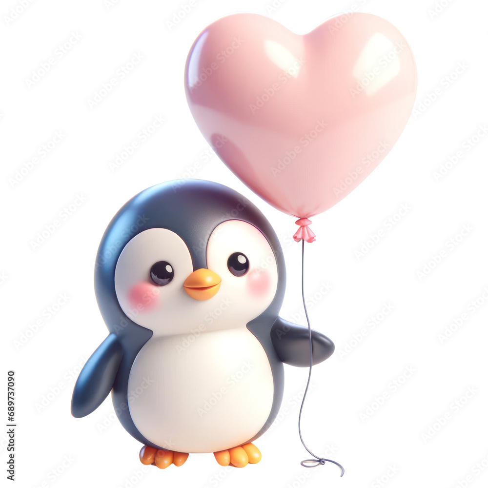 Fototapeta premium 3D Penguin holding heart balloon on transparent background