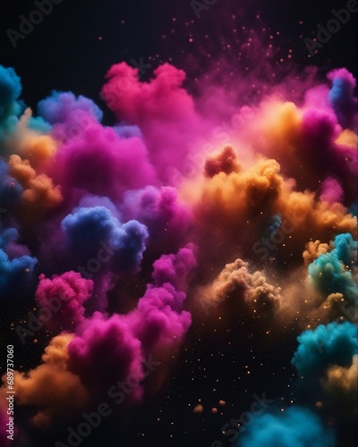 Colorful dust explosion in black background, close up view