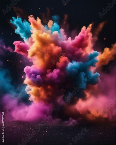 Colorful dust explosion in black background, close up view