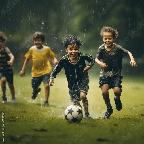 Kids' Rainy Day Football Game on Green Lawn © Creative Valley