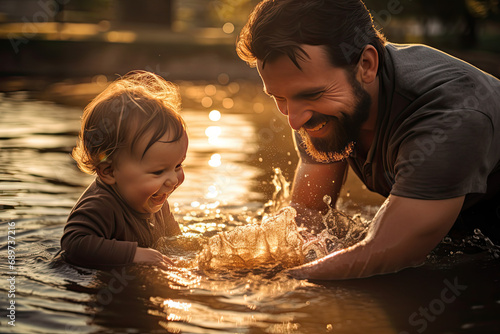 a father and a small baby playing together in water