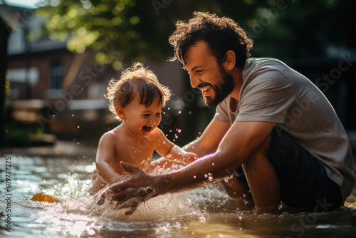 a father and a small baby playing together in water
