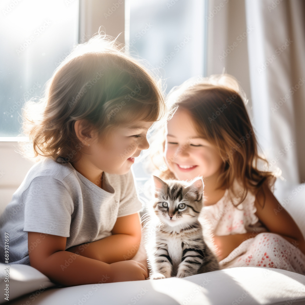 Child Young blonde girl hugs cute playing kittens girl's smile and pets On a comfortable sofa, by the window, in a comfortable, warm and quiet room. Cozy winter background in warm light tones Child Young blonde girl hugs cute playing kittens girl's smile and pets On a comfortable sofa, by the window, in a comfortable, warm and quiet room. Cozy winter background in warm light tones