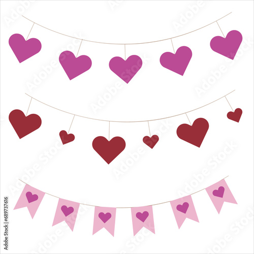 Vector Valentine's Day Flags Garlands. Vector Isolated Hearts Garlands. Party Vector Flags.