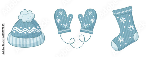 Winter blue accessories set. Beanie, mittens and socks. Vector on transparent background.