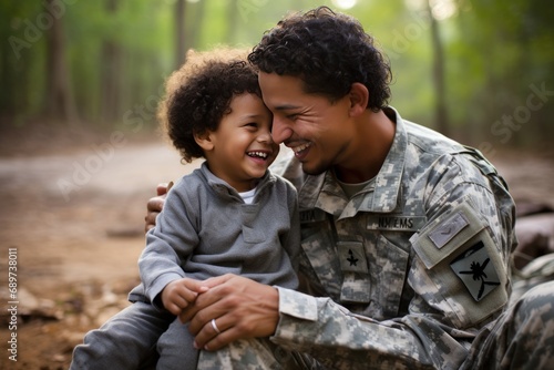 Touching and heartwarming military reunion between a devoted father and his beloved son in uniforms photo