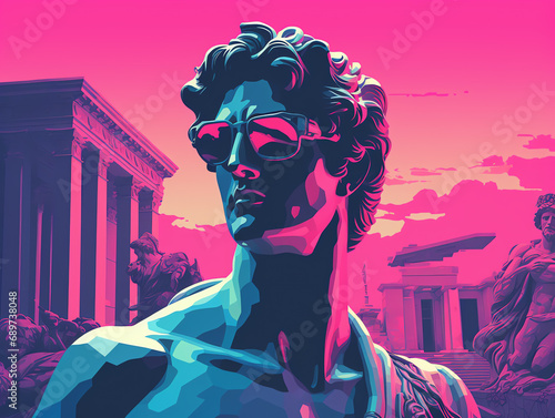Greek god sculpture in retrowave city pop design, vaporwave style colors photo