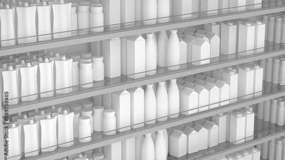 Shelves with products in a grocery store. Shopping in supermarket. Shelves and showcases in the trading floor of the supermarket. Camera movement along. 3d rendering