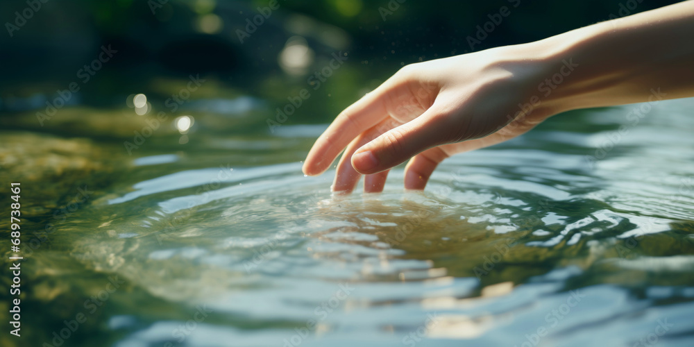 A hand touching the surface of pure green water of the river in nature on a sunny day, symbolic and ecological gesture for conservation of natural resources and preservation of the environment - obrazy, fototapety, plakaty 