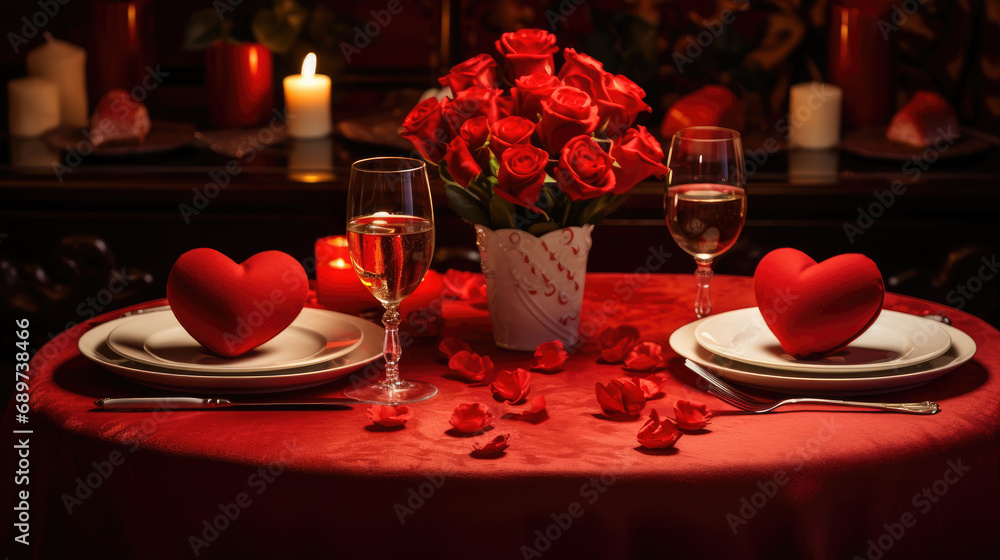 Valentines day table setting with red roses, candles and champagne glasses on red background. Valentines greeting card