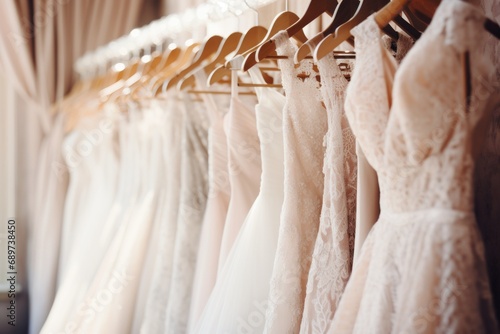 Stylish and elegant white wedding dresses hanging on hangers in a chic bridal shop boutique salon photo