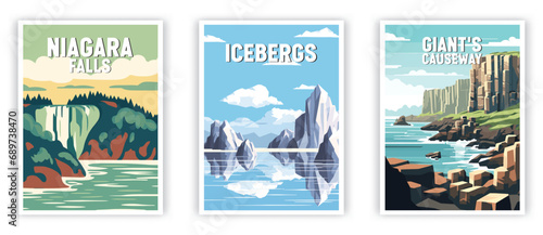 Nigara Falls, Icebergs, Giant's Causeway Illustration Art. Travel Poster Wall Art. Minimalist Vector art. photo