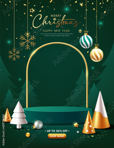 Merry christmas and happy new year, green podium display ornaments poster flyer design on green background, EPS10 vector illustration
