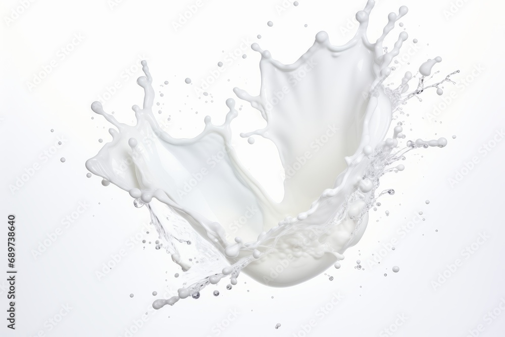 High speed capture of a milk splash suspended in mid air, isolated on white background High speed capture of a milk splash suspended in mid air, isolated on white background