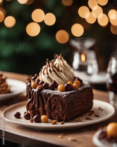 Yule Log cake, white stone background with lights and decorative