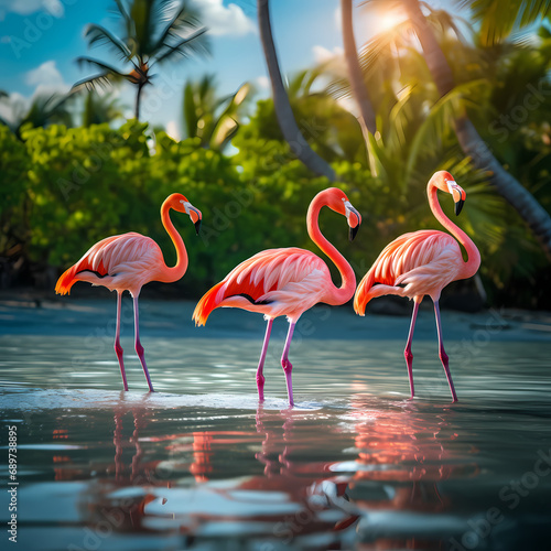 A group of flamingos wading in a tropical lagoon.