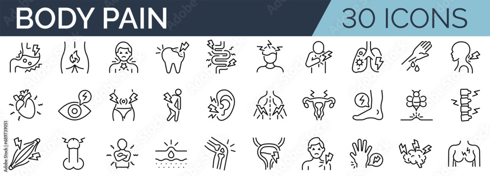 Set of 30 outline icons related to body pain. Linear icon collection. Editable stroke. Vector illustration - obrazy, fototapety, plakaty 
