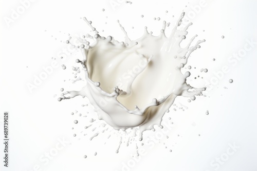 Close up shot of a single splash of milk suspended in mid air, isolated on a pure white background