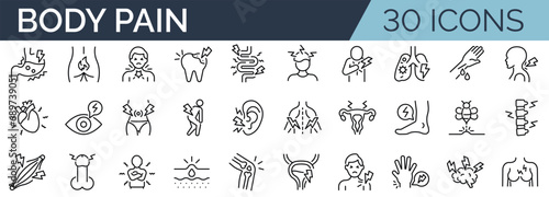 Set of 30 outline icons related to body pain. Linear icon collection. Editable stroke. Vector illustration
