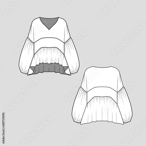 Drop Shoulder Lantern sleeve top V Neck Ruffles high low dip hem gatherings detail Fashion clothing outline flat sketch technical drawing template design