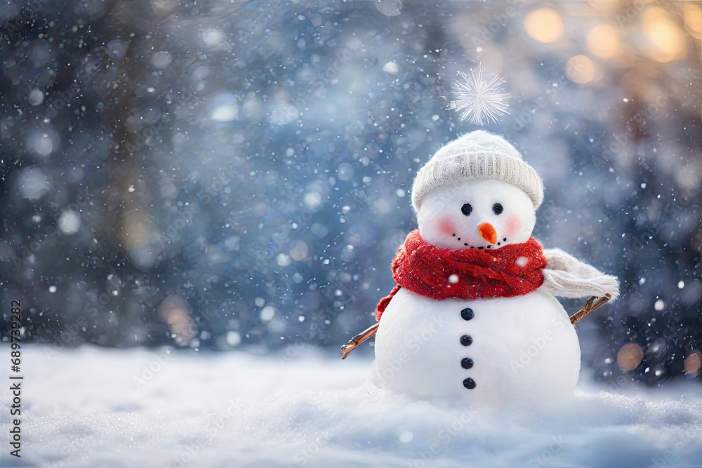 funny snowman with wool hat and scarf in winter secenery with copy space. Winter holiday christmas background banner