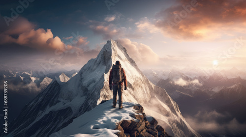 Mountaineer's Victory on Snow-Capped Peak Overlooking the Horizon