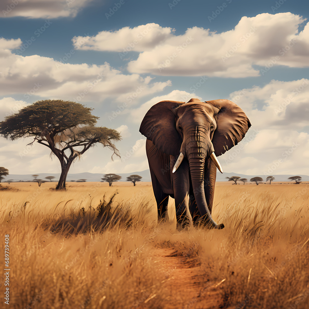 A lone elephant roaming in the vastness of an African savannah