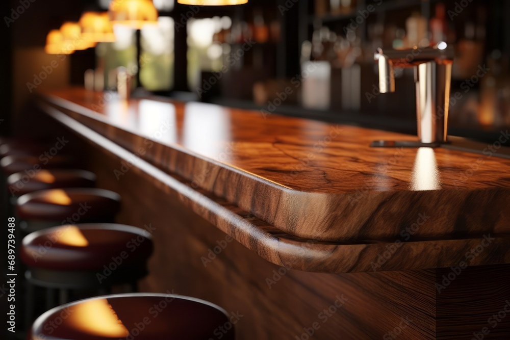 a table and stools on wooden counter in a bar