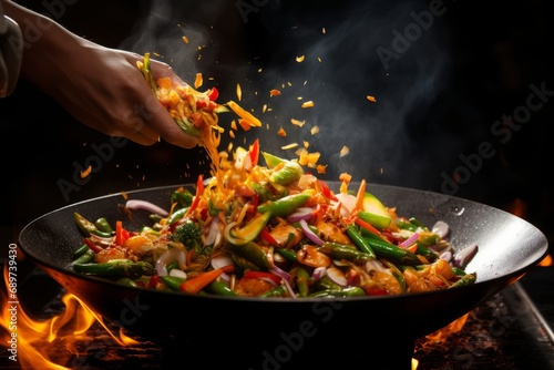 Photo of a chef's hands tossing stir-fry in a wok. Generative AI