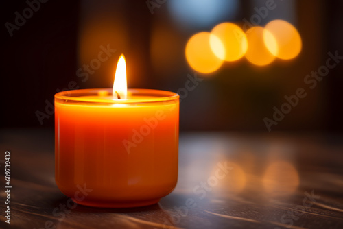 Lit candle sitting on table with blurry lights in the background.