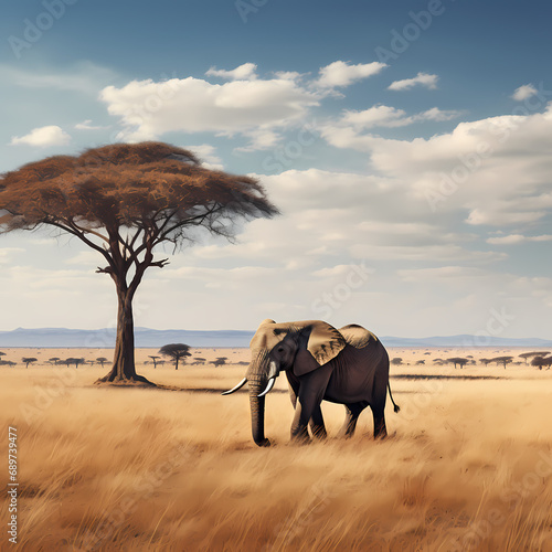 A lone elephant roaming in the vastness of an African savannah