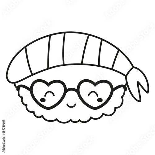 cute kawaii sushi character icon isolated on white background, outline cartoon vector illustration of japanese, shrimp nigiri sushi