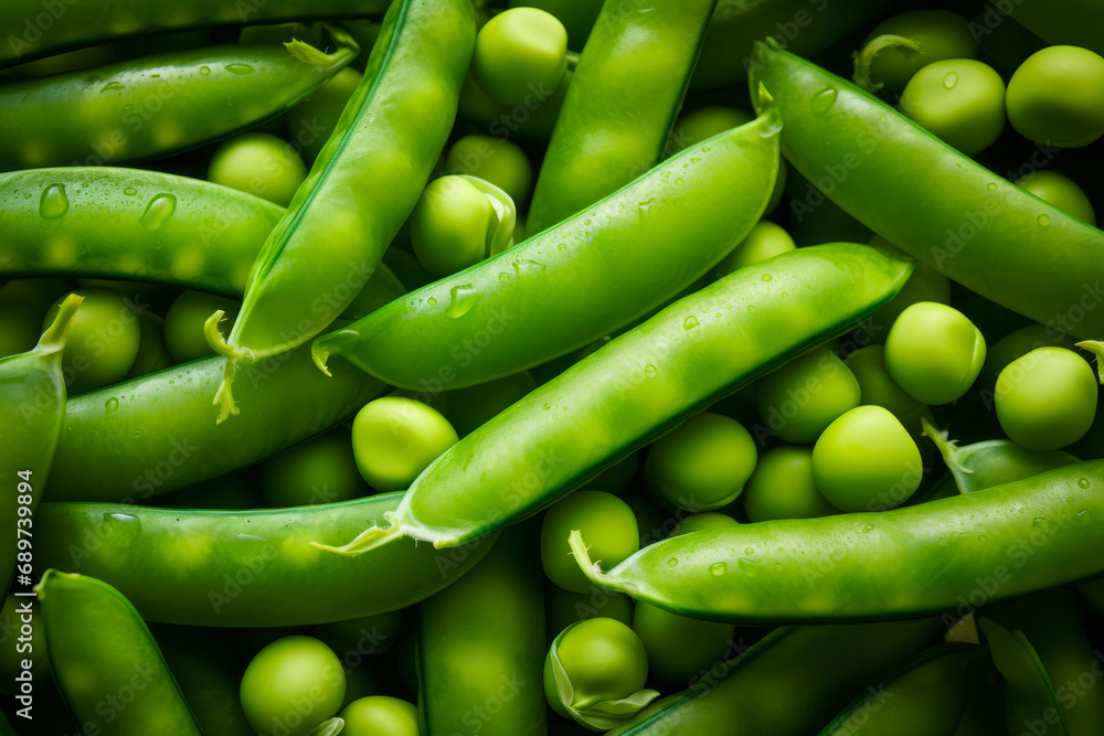 Pile of green peas with green pods on them and water droplets on them. Pile of green peas with green pods on them and water droplets on them.