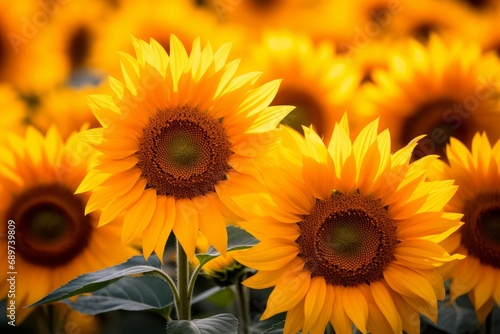 Photo of a close-up of a vibrant and blooming sunflower field. Generative AI