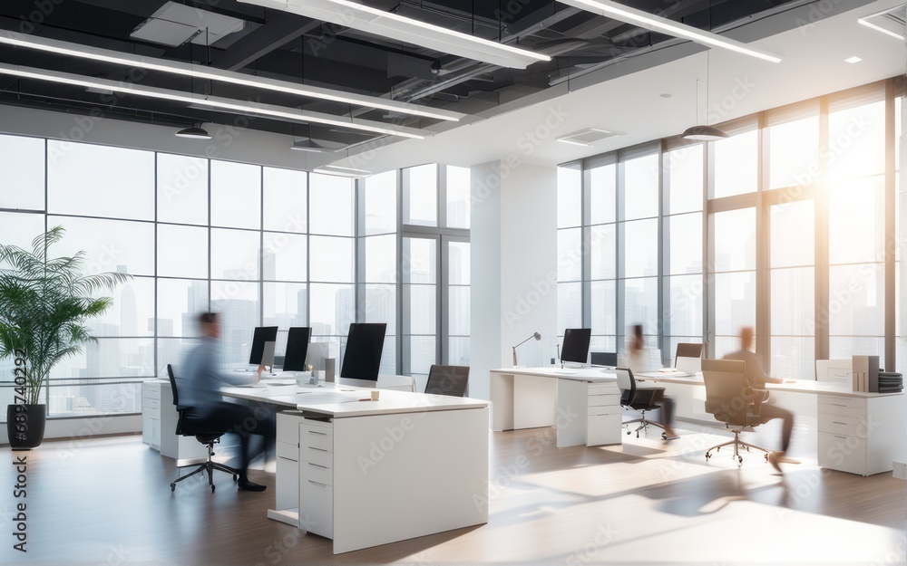The business workplace with people in the walking move, be active in blurred motion in interior modern office space. blur office background bright tone The business workplace with people in the walking move, be active in blurred motion in interior modern office space. blur office background bright tone