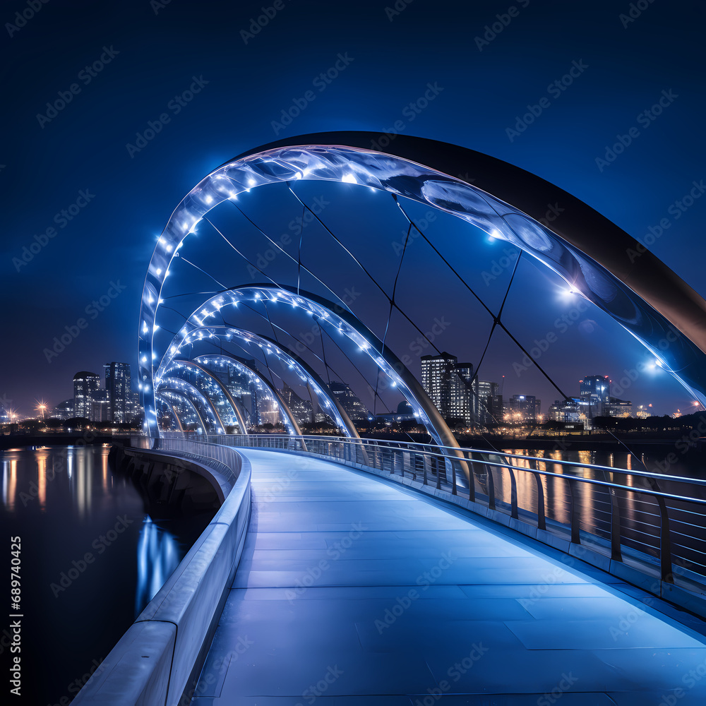 A modern bridge illuminated by city lights.
