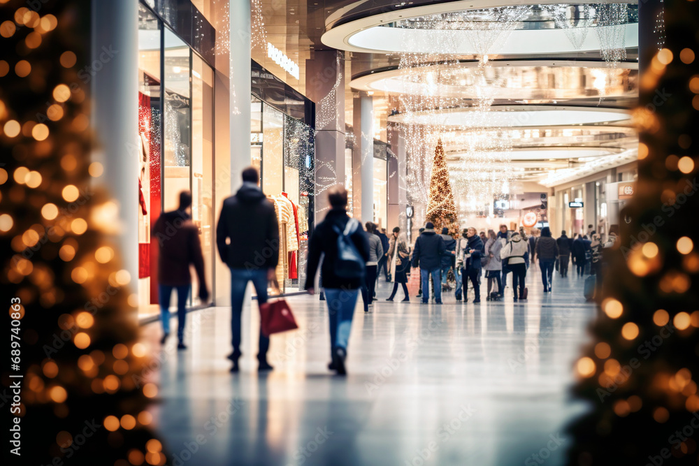 People walking in street, buying presents, preparing for the Christmas holidays. Blurred defocused image background. 