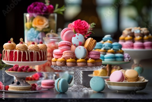 Photo of a mouthwatering assortment of colorful macarons on a dessert table. Generative AI