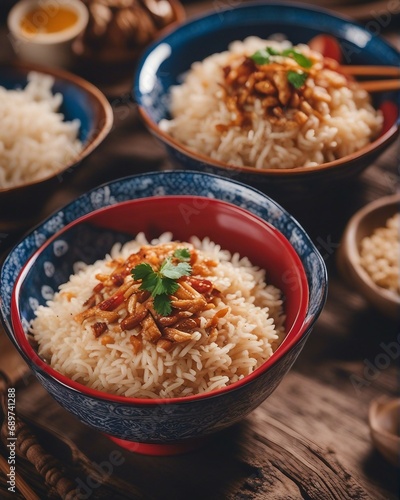 delicious asian rice bowl, blurry background