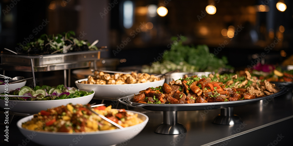 Buffet table with food on it including chicken pork and vegetables, Buffet food in a luxury hotel Catering kitchen concept Design, generative AI
